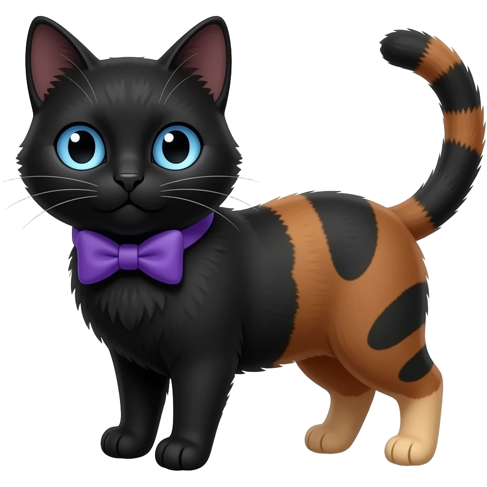 Una gata negra de tres colores con un corbatin de color morado sus ojos son de color azul emoji