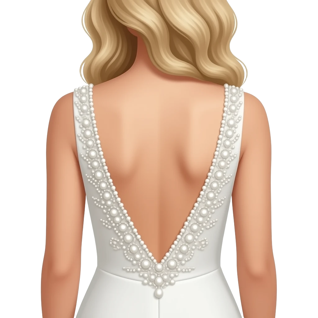 Elegant back view of a woman wearing a minimalist white wedding dress with a deep open back, intricate pearl and beaded embellishments outlining the back in a symmetrical, luxurious pattern, soft natural lighting, warm skin tones, blonde wavy hair falling naturally over shoulders emoji