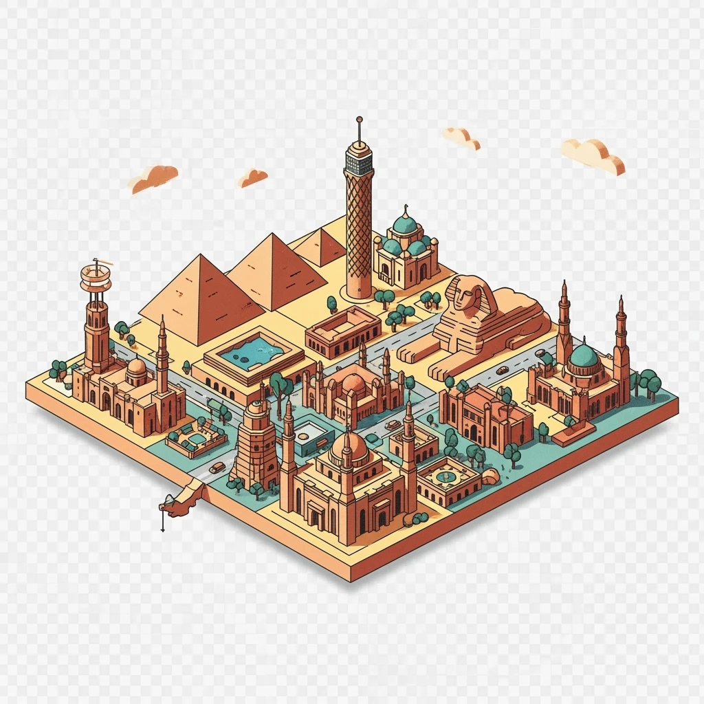 Isometric minimalistic illustration of Cairo, subtle 3D miniature effect and Tilt Shift effect, no cartoonish look, transparent background. emoji