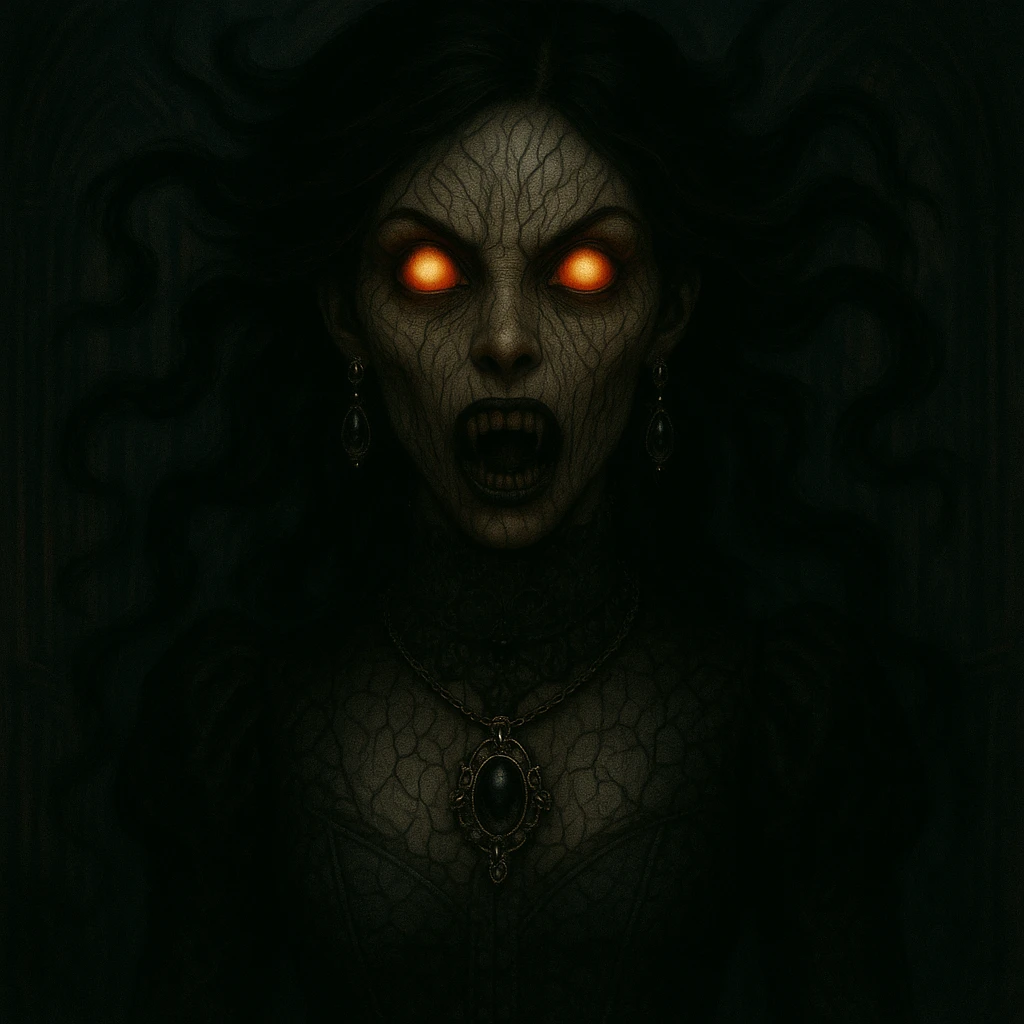 Add ornate gothic jewelry including a black lace choker, silver pendant, and dark gemstone earrings while keeping the horror and supernatural features intact. emoji