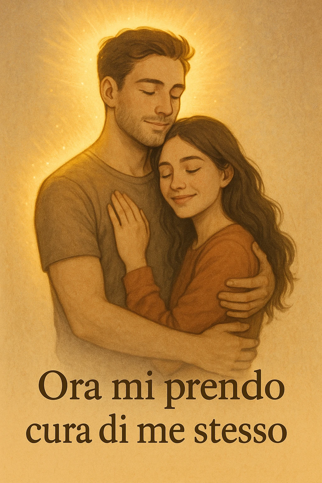 Vertical format: Couple embracing, the man with a luminous aura, the woman relaxed and smiling, atmosphere of serenity, text in Italian: 'Ora mi prendo cura di me stesso'. emoji
