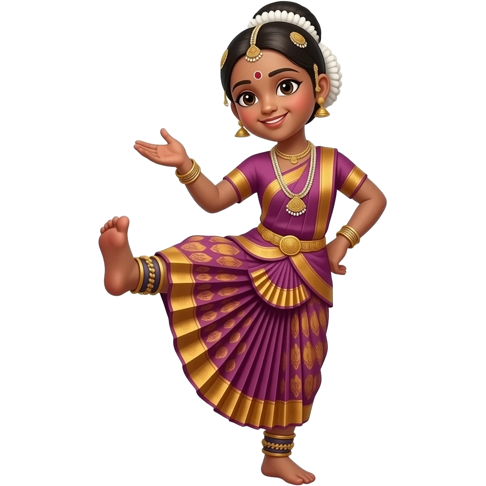 Light brown skin girl in a bharatnataym dress with her leg lifted up emoji