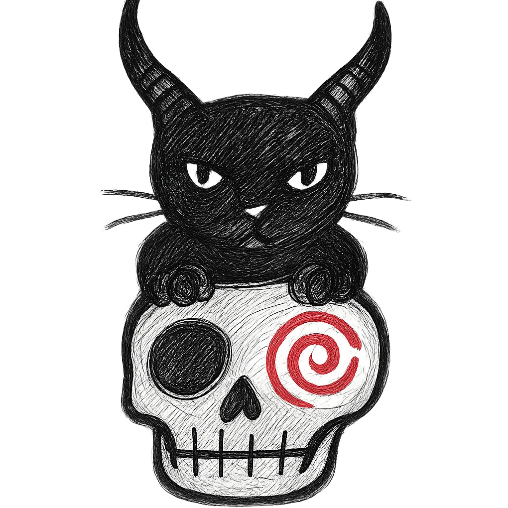 Make the black cat with demon horns and skull less cartoonish, more realistic hand drawn style, bold lines, no fill, preserve the red spiral on the skull, transparent background. emoji