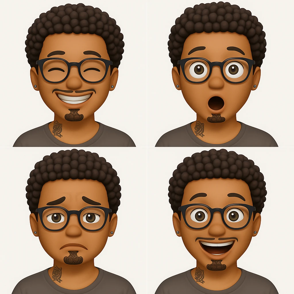 Create four emoji versions of this character, each with a different emotion: happy, surprised, sad, and excited. Keep the same style and details as the original image. emoji