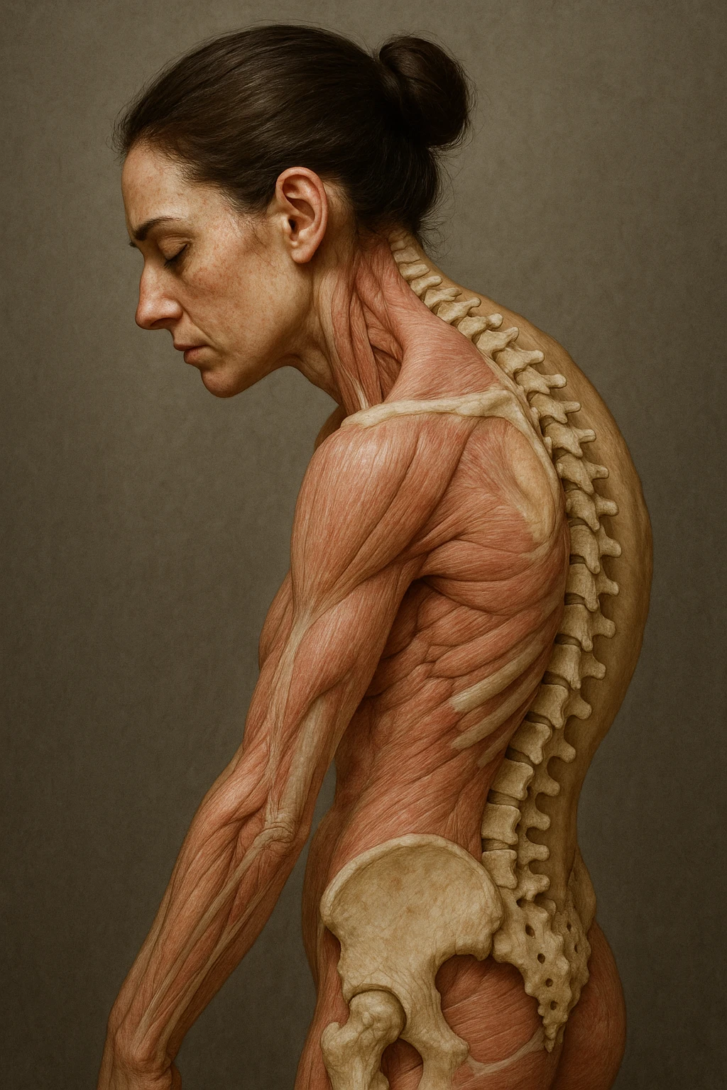 CORPO UMANO ANATOMICO di una donna di profilo con spalle chiuse e postura incurvata, spina dorsale in evidenza, IPERREALISTICO 4K emoji