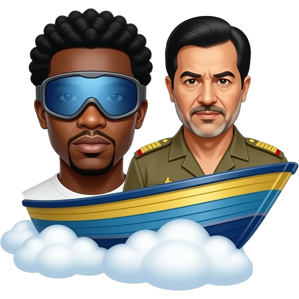 Chief Keef iconic photo with the ski goggles beside saddam Hussein on a boat flying on clouds emoji