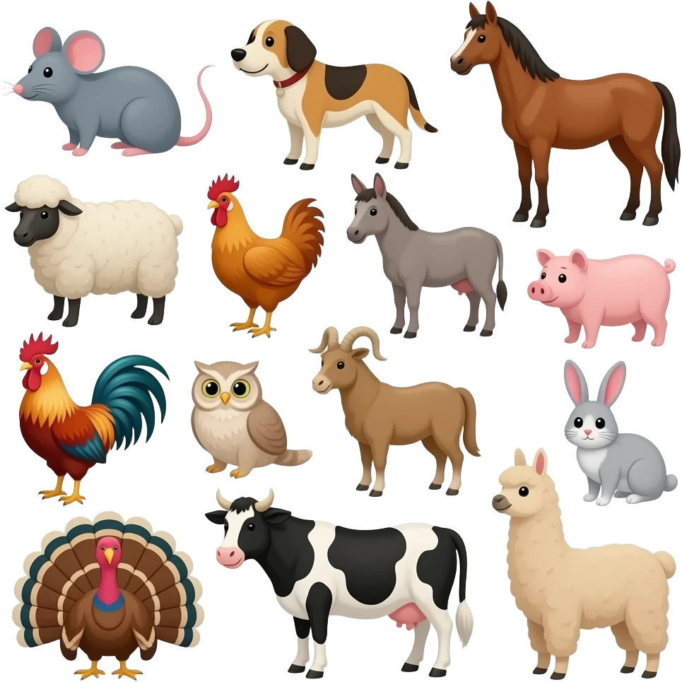 16 farm animals Duck, mouse, dog, horse, sheep, chicken, donkey, pig, goat, cat, owl, rooster, rabbit, Turkey, cow, and llama emoji