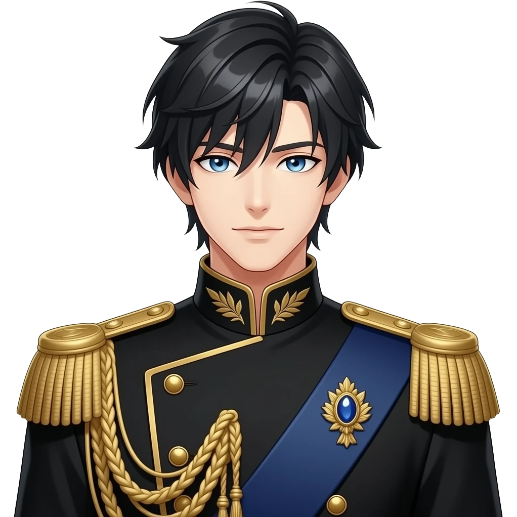 A handsome anime nobleman with jet black layered hair, piercing ocean-blue eyes, pale skin, and sharp aristocratic features, wearing a black and deep navy high-collared military-style uniform with gold embroidery, braided cords, gold-trimmed cuffs, and a gold epaulette with a blue gemstone brooch emoji