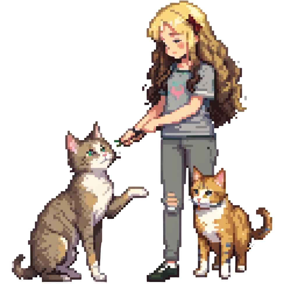 Remix: Beautiful girl with long curly brown hair, inspired by the reference, petting a gray and blonde mixed cat, pixel art style, girl standing, cat rubbing against her leg emoji