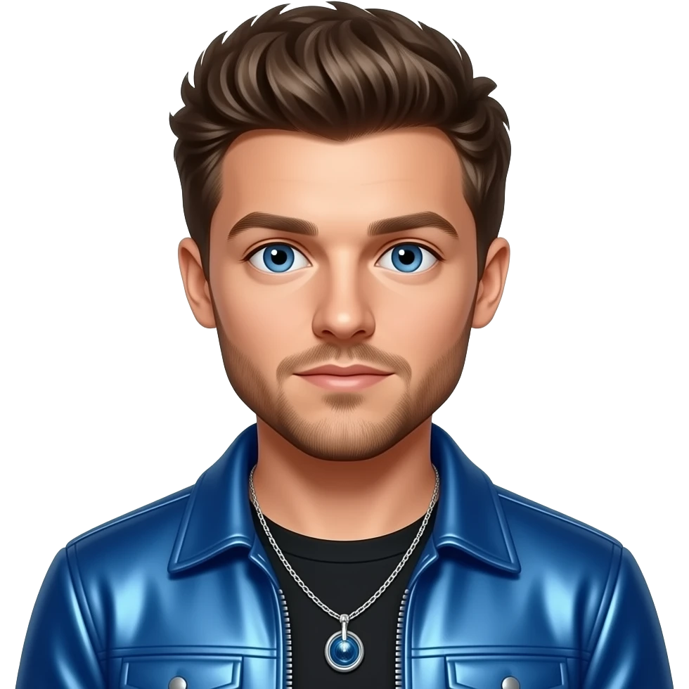 Louis Tomlinson from One Direction with blue eyes, brown hair, blue metallic pop tour outfit, necklace emoji