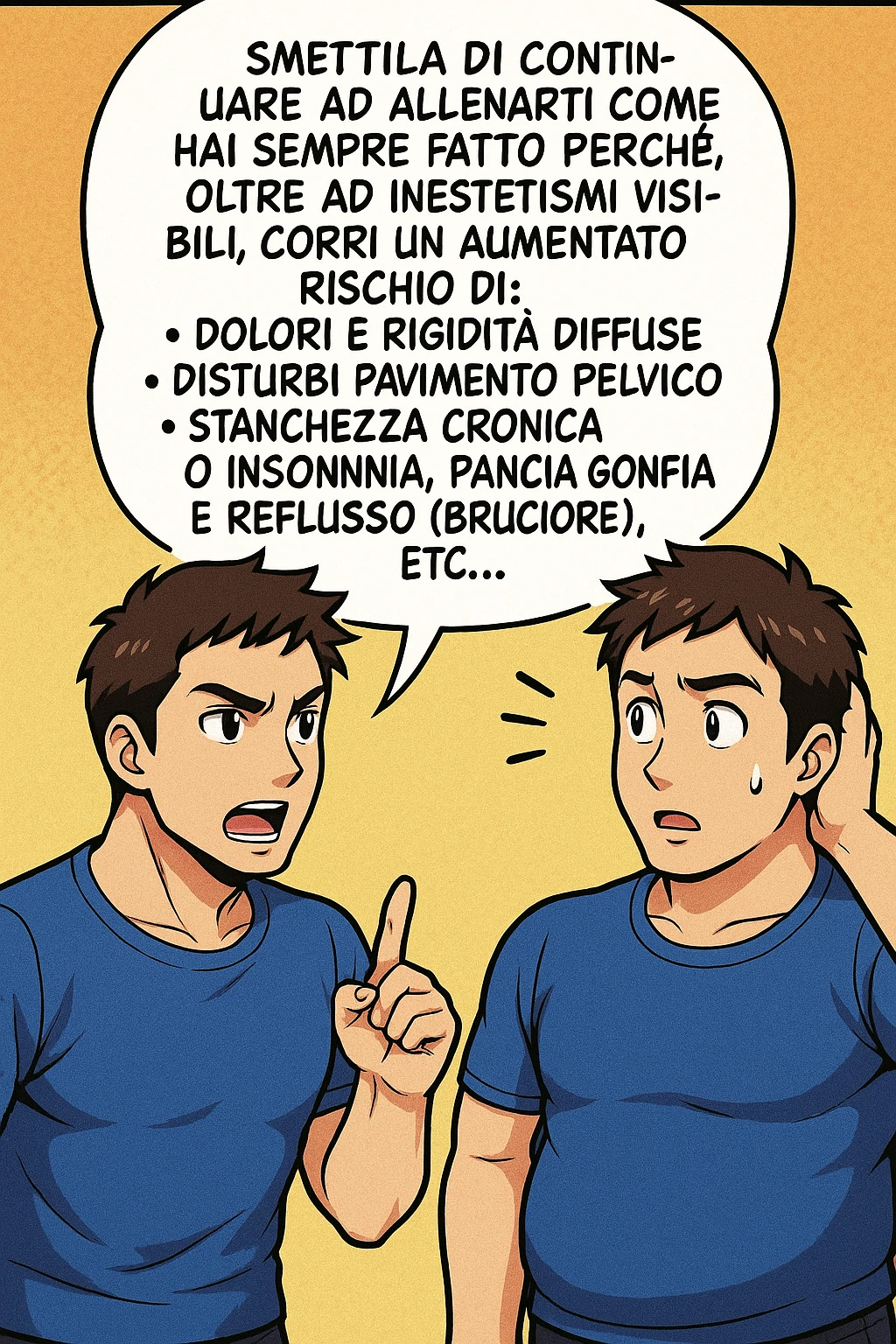 TRASFORMA QUESTO CAROSELLO IN UN FUMETTO STILE MANGA A COLORI CON QUESTE DUE PERSONE IDENTICHE CHE INTERLOQUISCONO TRA LORO:

LUI (UOMO): Smettila di continuare ad allenarti come hai sempre fatto perché, oltre ad inestetismi visibili, corri un aumentato rischio di:
    • dolori e rigidità diffuse
    • disturbi pavimento pelvico
    • stanchezza cronica o insonnia
    • pancia gonfia e reflusso (bruciore)
    • etc… emoji