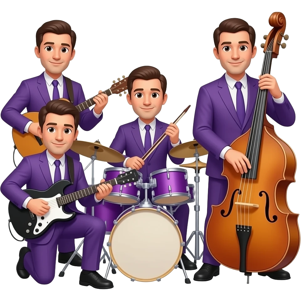 6 men that shows exactly 6 in a musical band all dressed in purple emoji