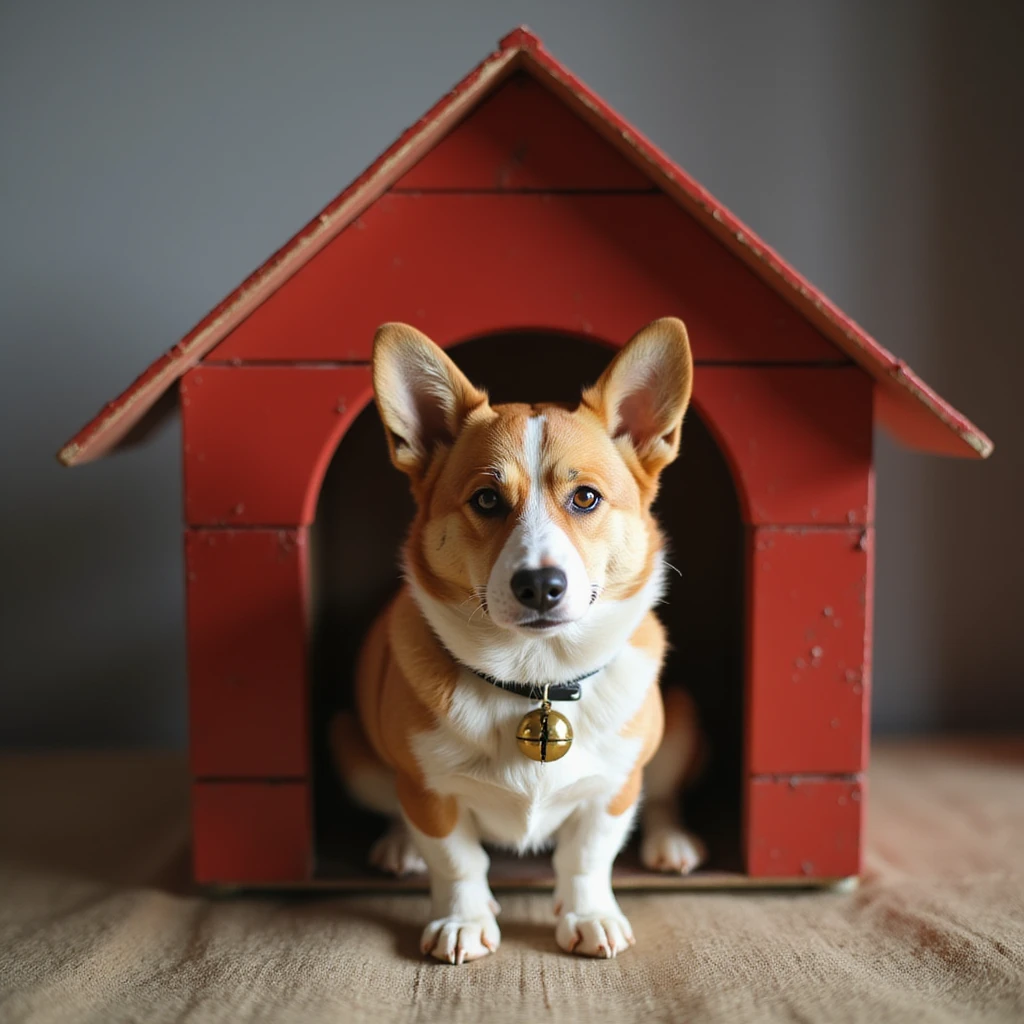 realistic red dog house with a Corgi dog inside, Corgi with a bell, photorealistic style emoji