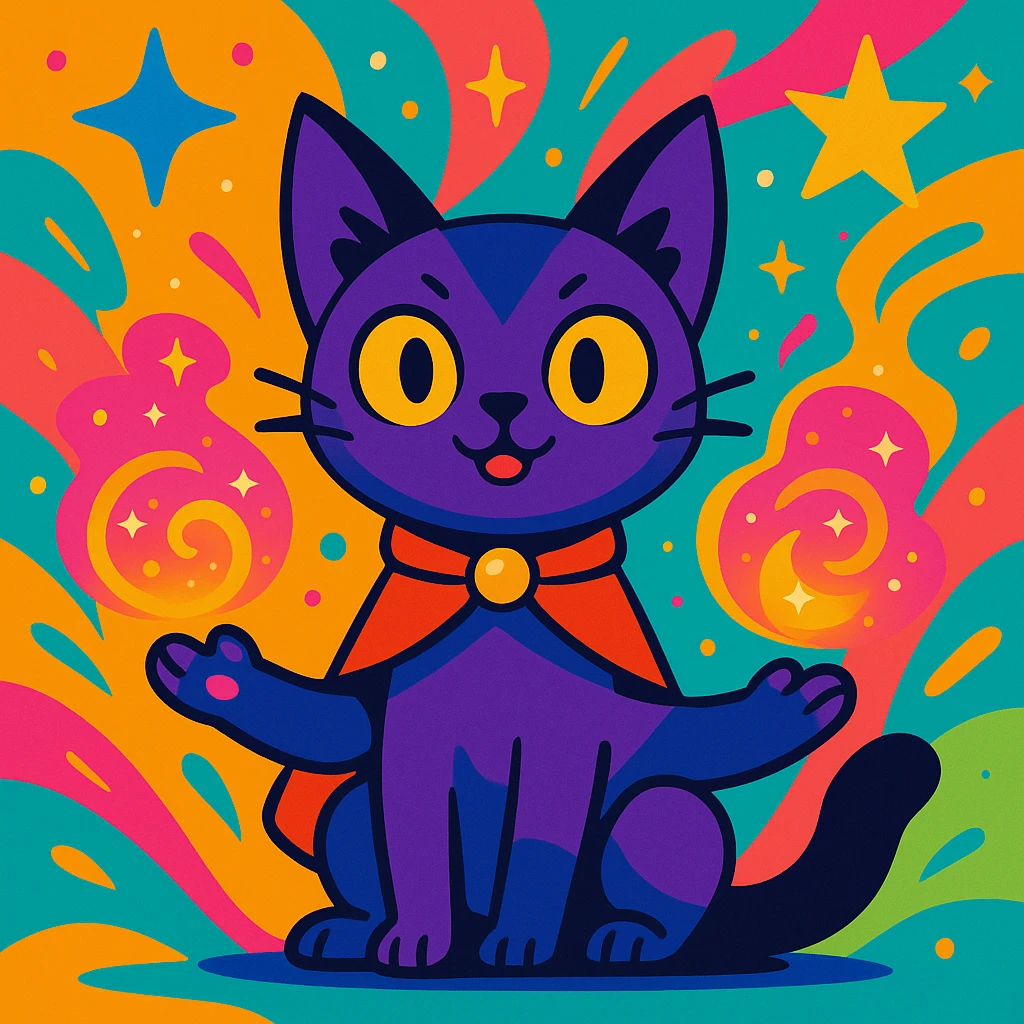 magical cat, vibrant cartoon style, visible magical powers, colorful background emoji