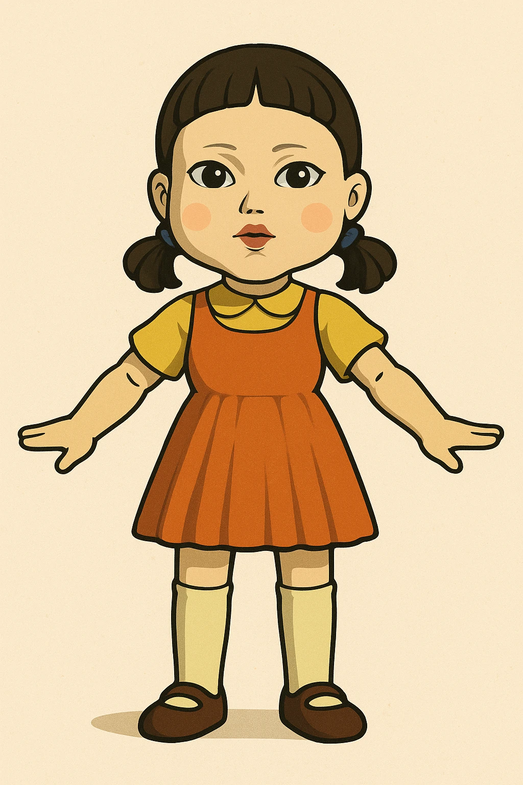 Red Light Green Light doll from Squid Game, stylized, cartoonish, simple background emoji