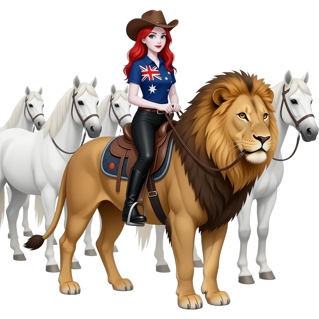 Vampiro femmina ADOLESCENTE con pelle bianca e capelli rossi  indossa dei leggins neri, gli stivali lunghi con tacco neri un maglia fino alle ginocchia con maniche corte con disegnata la bandiera della Australia e un cappello da cowboy che cavalca un leone insieme a un branco di cavalli bianchi emoji