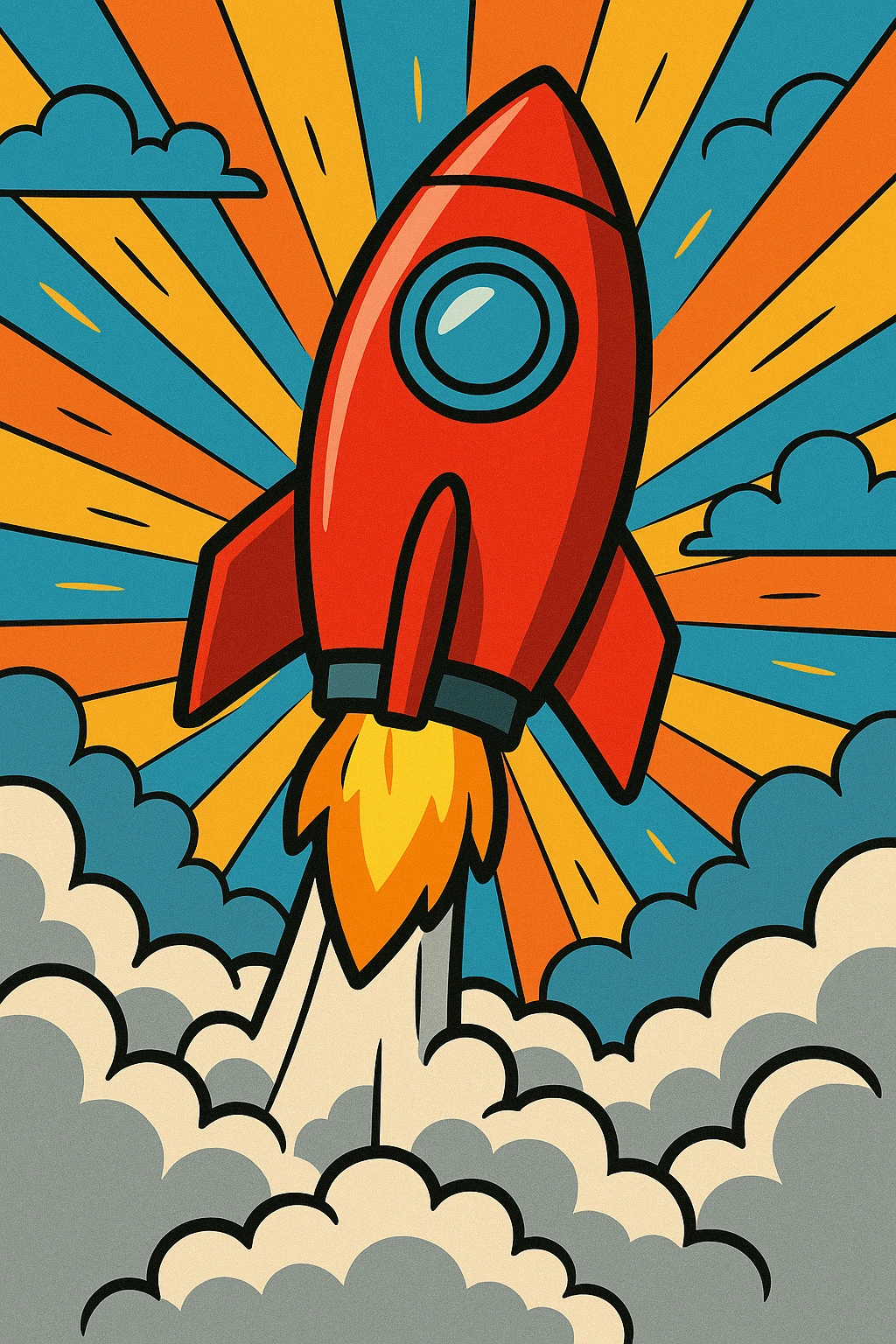 red rocket ship blasting off with smoke, playful cartoon style, bright colors, dynamic pose emoji