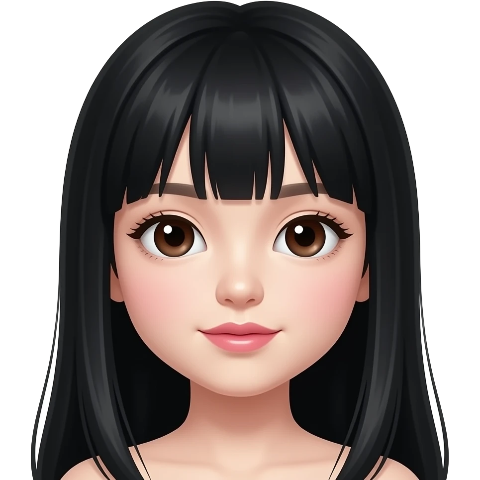 A cute, ethereal Asian doll-looking girl with long thick shiny black hair, dark brown almond-shaped eyes, very fair skin, a small straight nose, thin bright pink heart-shaped lips, cheekbones, and a mole on the right nose bridge near the eye.don't add bangs but baby hairs emoji