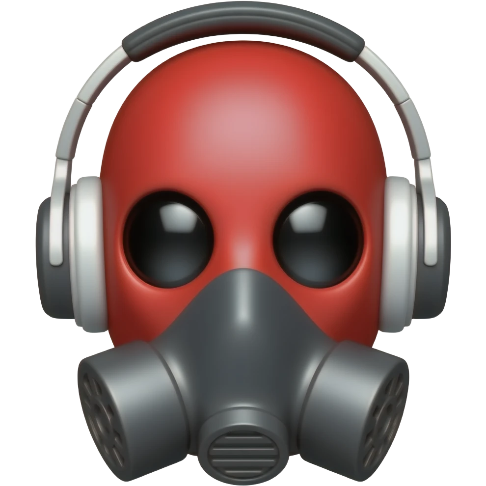 red biohazard mask with white headphones jet black eyes emoji