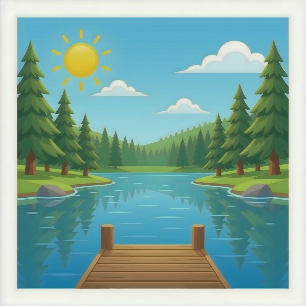 Crea un landscape de un lago rodeado de un bosque de pinos con un muelle emoji