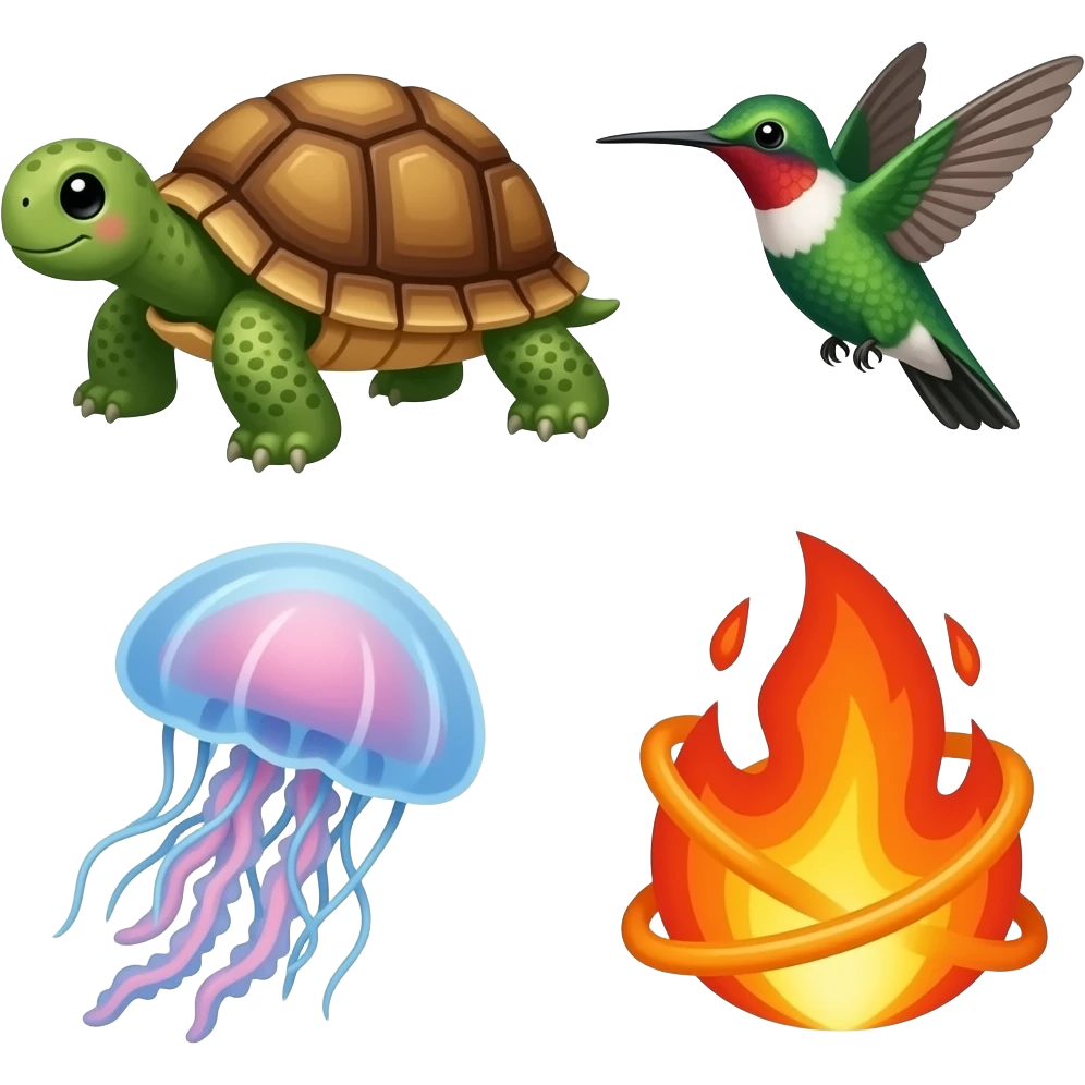a tortoise, a hummingbird, a jellyfish and a flame -- intertwined emoji