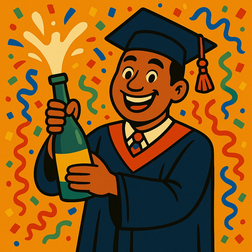 Make the confetti much bigger and more prominent, keeping the festive graduation scene and vibrant style. emoji