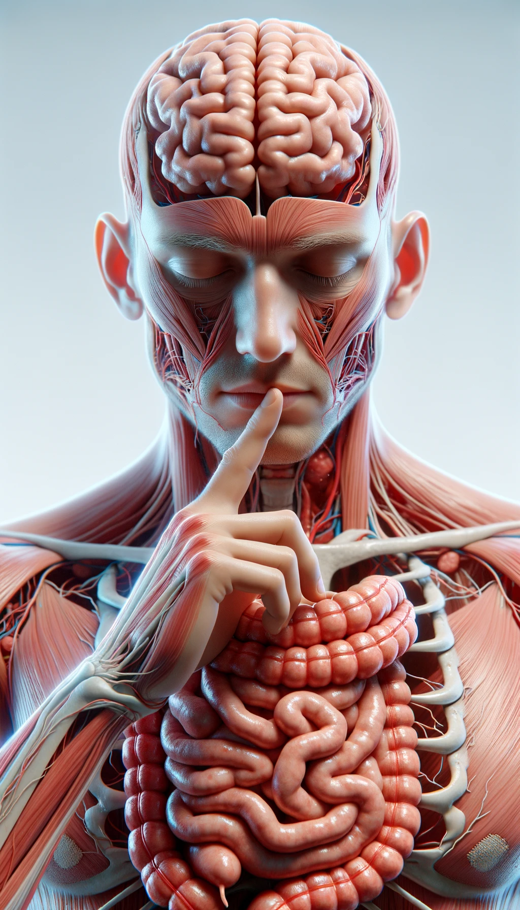 corpo umano anatomico che si tocca l'intestino con gli occhi chiusi, sfondo chiaro, iperrealistica 4k emoji