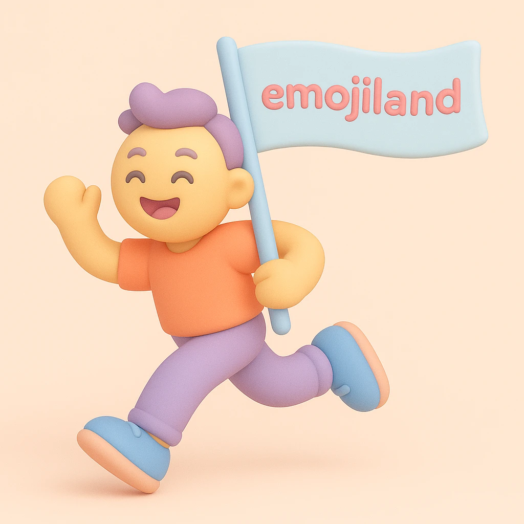 happy runner waving a flag that says 'emojiland' emoji