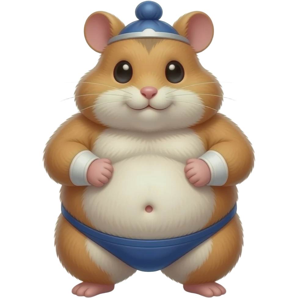 A cute female hamster,suited to be a sumo wrestler,she rubs her huge overstuffed stomach,a cute little bellybutton poking out of her fur,she is massively fat. emoji