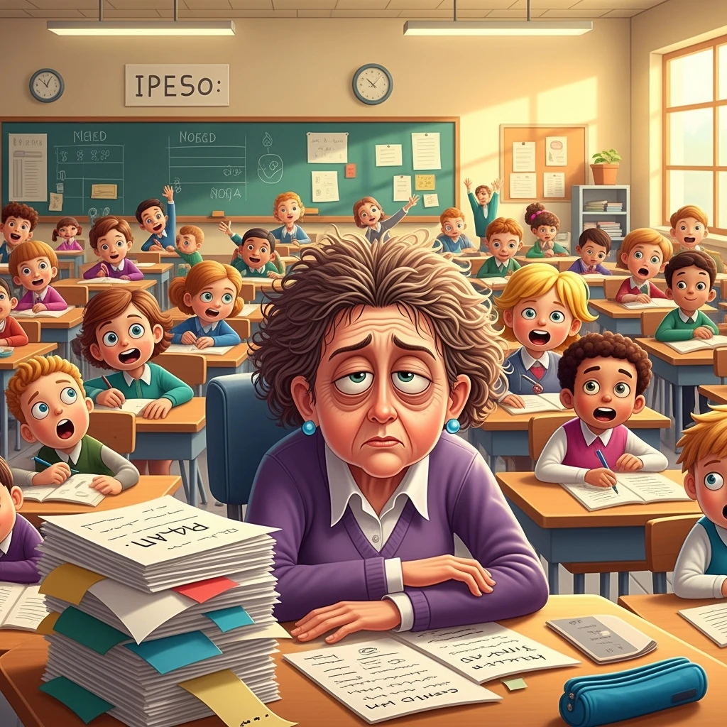 digital cartoon art of a exhausted teacher in a bustling classroom emoji