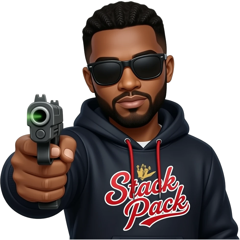 Black guy named Stackpack Louis Vuitton hoodie that says stack pack on it black shades on it with a laser gun make sure the font on the hoodie is cursive red lazer pointed at camera emoji