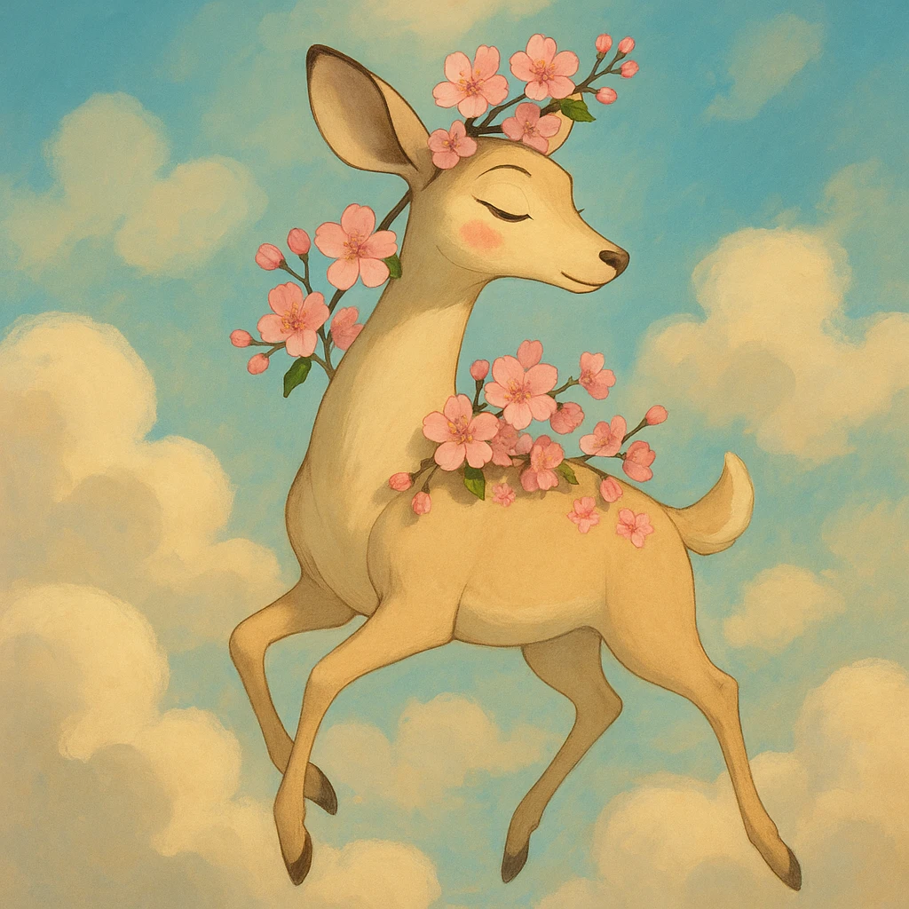 elegant feminine adult vanilla cloud doe with rosy cheeks and cherry flowers, floating gracefully, dreamy blend of Ghibli and Pixar influences emoji