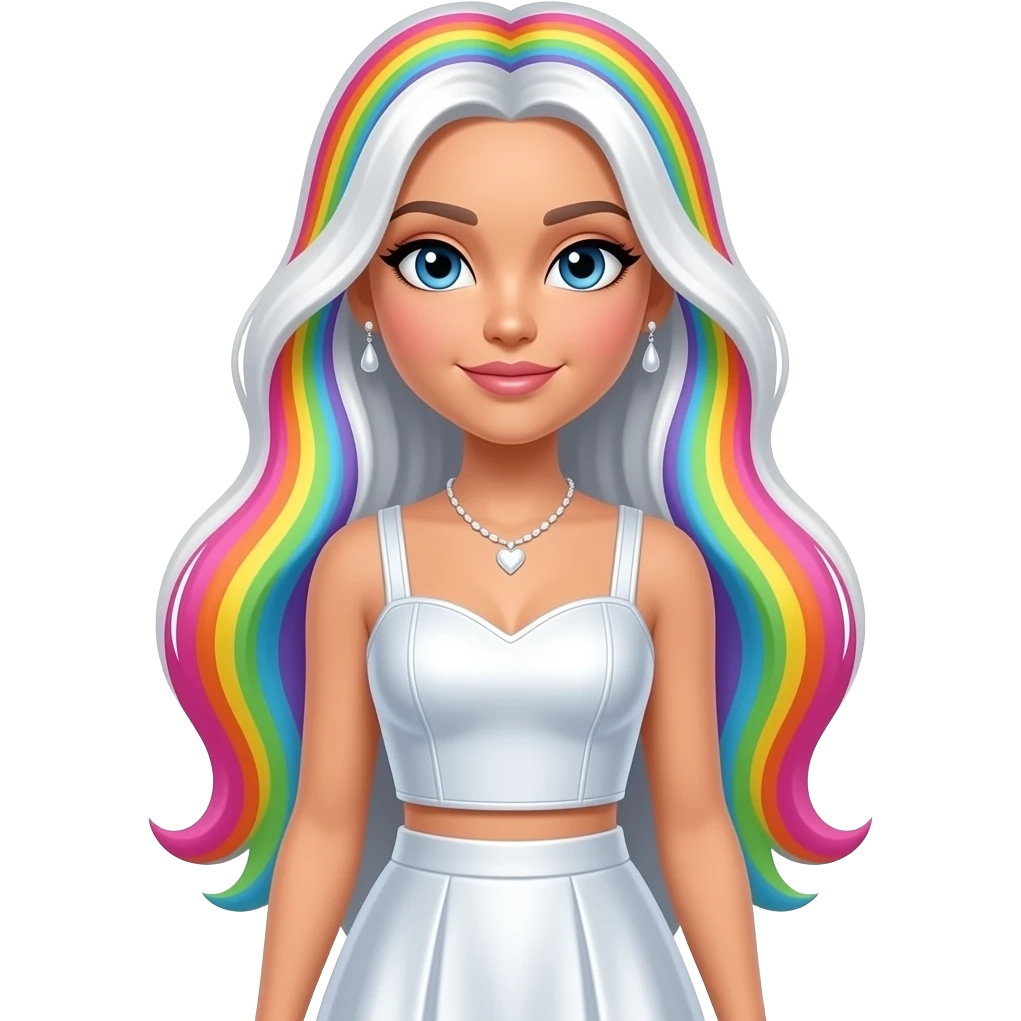Amaya Raine from Rainbow High with blue eyes, long white hair with rainbow highlights, white metallic sweetheart crop top and long skirt, white necklace and earrings emoji