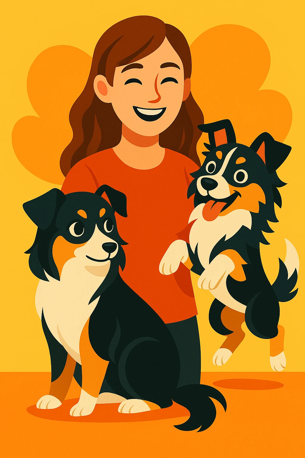 Make the woman younger while keeping her with two mini Australian shepherds, one dainty female and one boyish male, in the same vibrant toon style. emoji