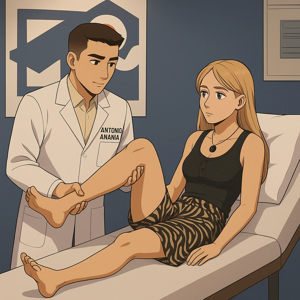 fai un webtoon/manga a colori con questo kinesiologo in camice bianco (fagli la scritta "ANTONIO ANANIA" SUL CAMICE) CHE SVOLGE UN TEST NEUROMUSCOLARE SOLLEVANDO UNA GAMBA ALLA RAGAZZA CHE è STESA SU UN LETTINO BIANCO. STANZA SEMPLICE E MODERNA, DURANTE IL TEST I DUE DIALOGANO TRA LORO. NON FARE I FUMETTI, FAI SOLO LORO COME SE DIALOGASSERO emoji