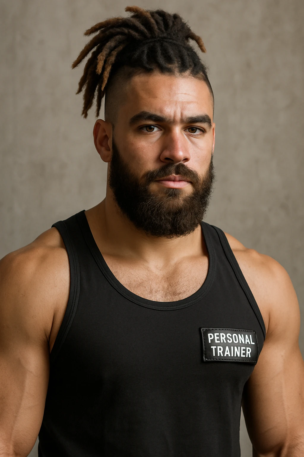 young strong male personal trainer, wearing a black tank top, large beard, dreadlocks only on the top of the head with shaved sides, brown dreadlocks with blonde tips, realistic detailed portrait emoji