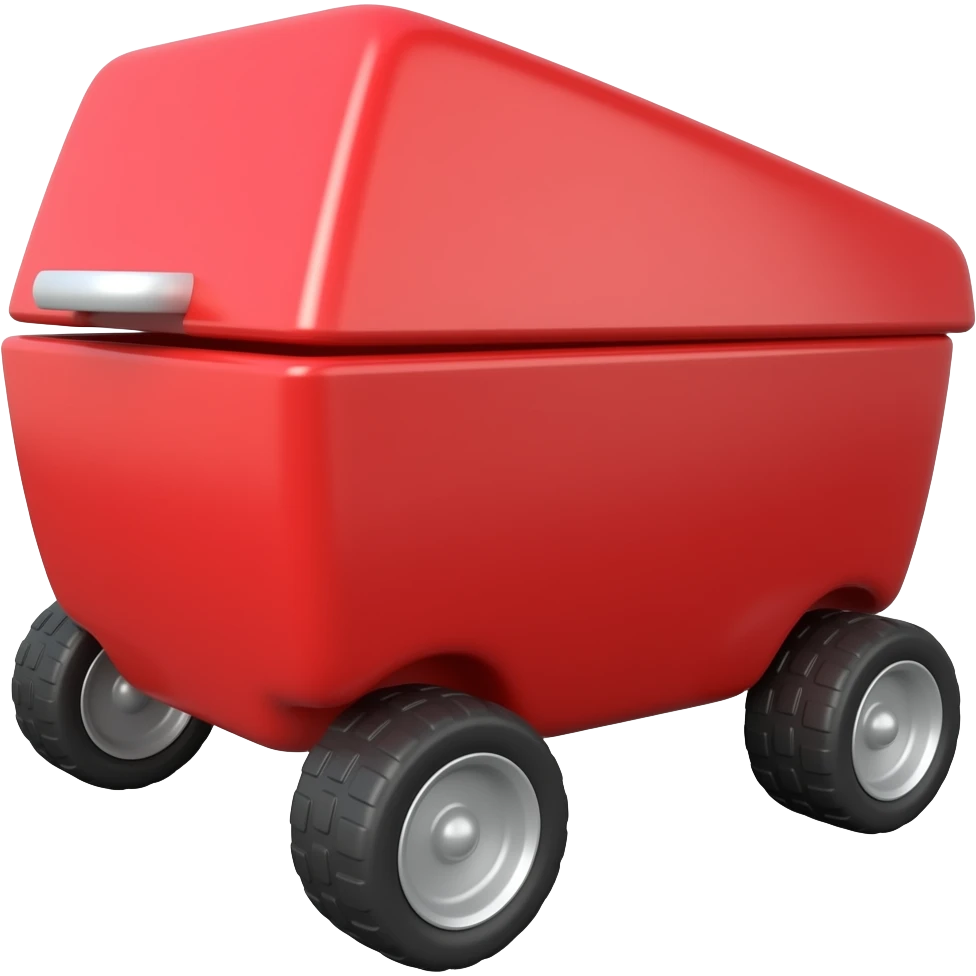 Red box with 4 small wheels with stearing wheels emoji