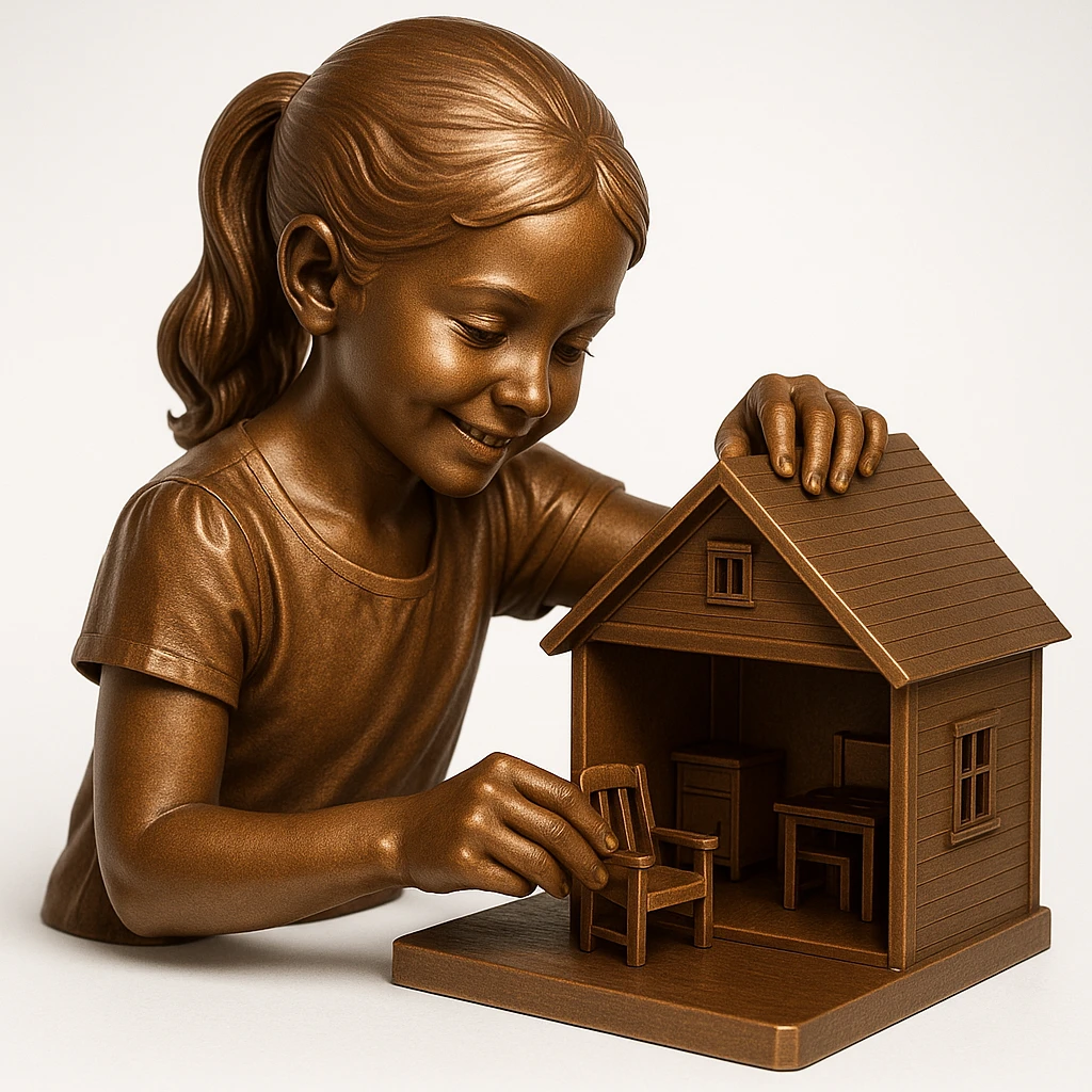 smiling girl arranging furniture in doll house emoji