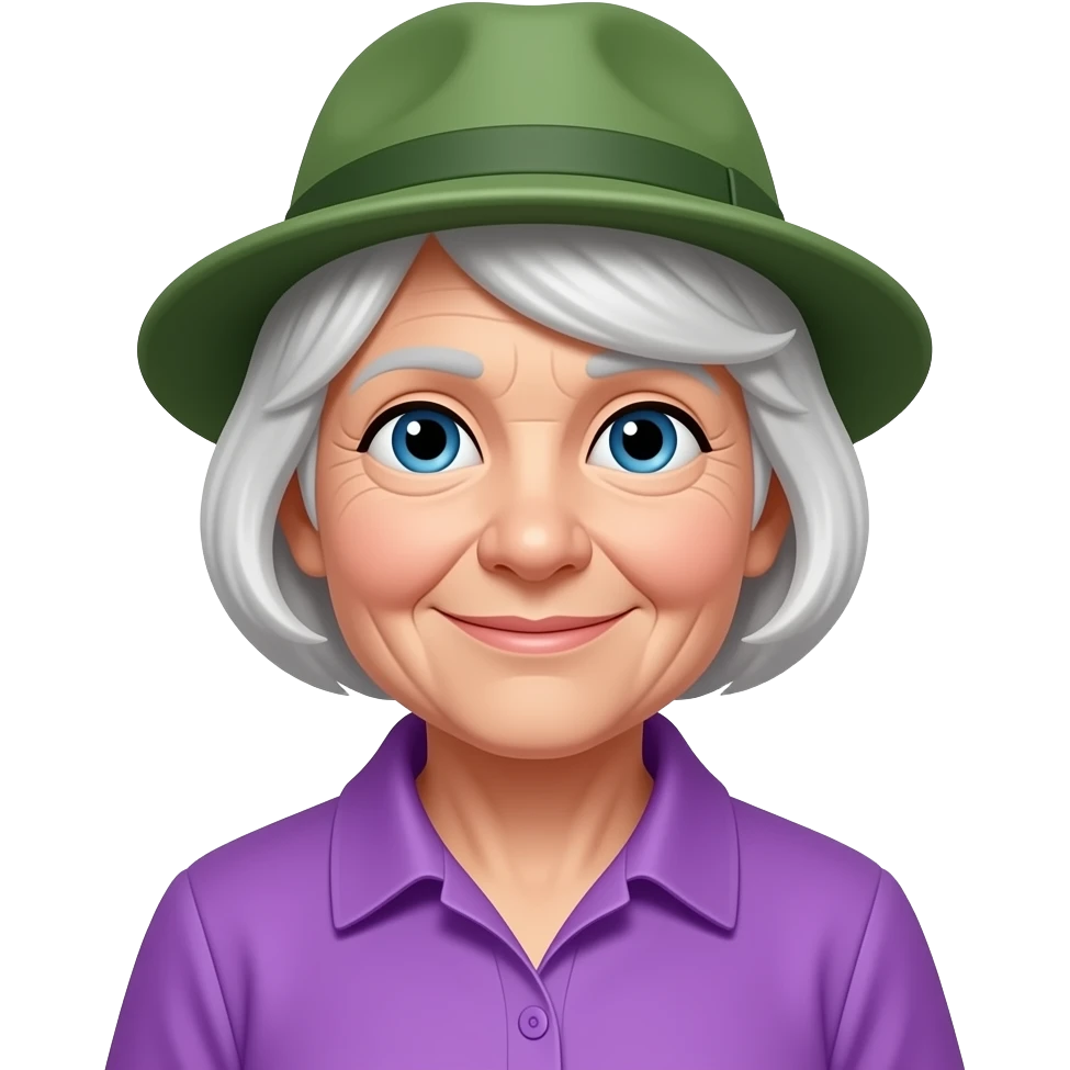 old lady wear purple shirt and white hairs and green hat emoji