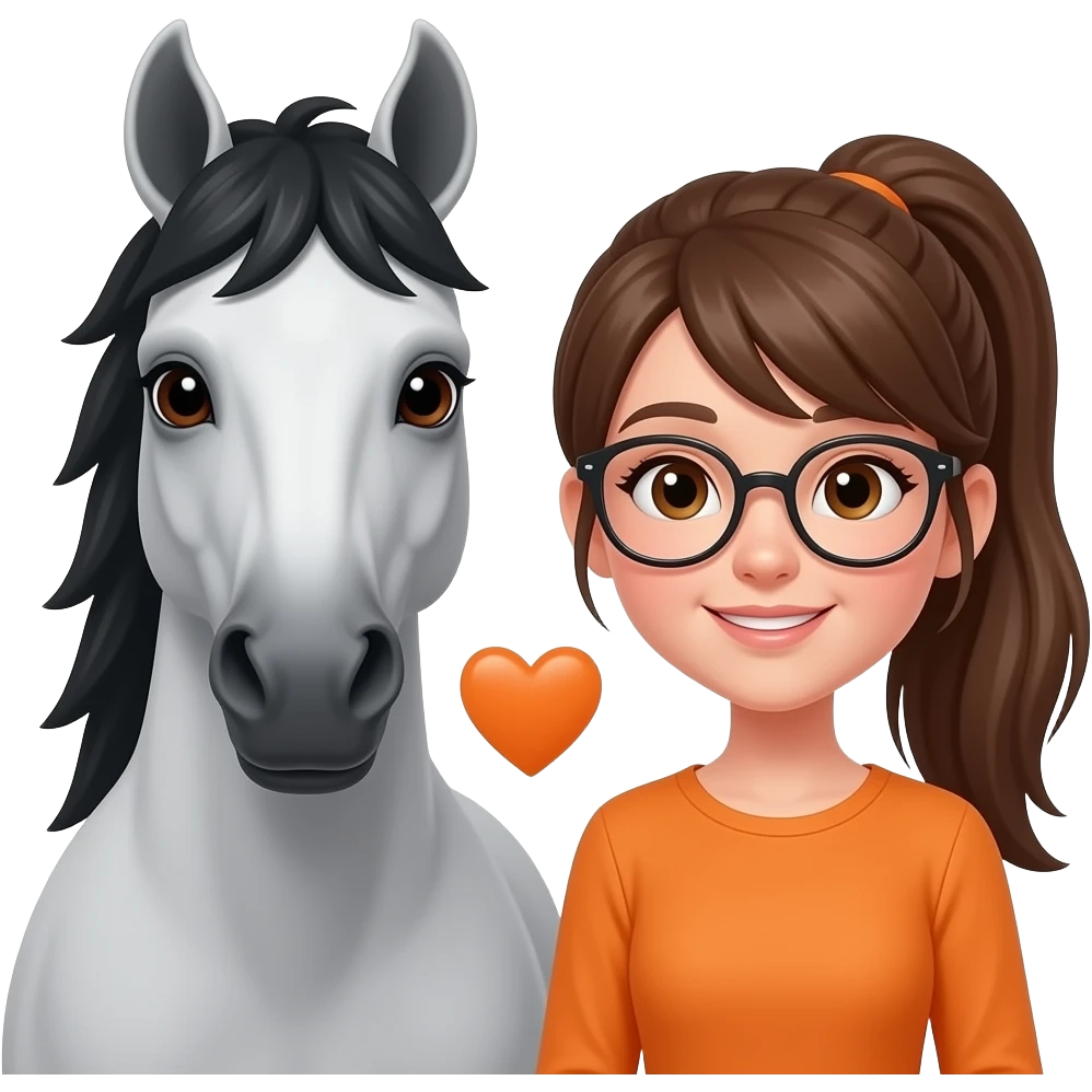 I would like an emoji with a gray horse with a black mane and a girl with brown eyes, glasses, and a long brown ponytail in long sleeve Orange with an orange heart in between them emoji