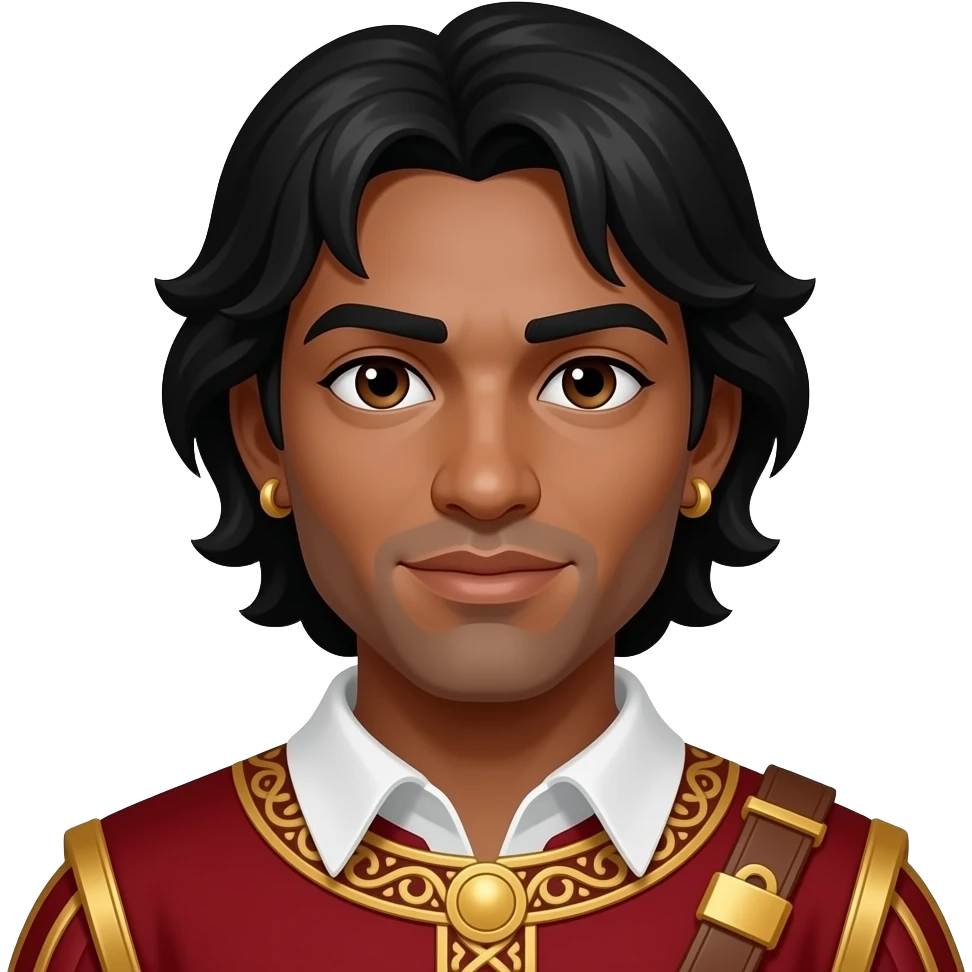 Othello from Otello with dark skin, dark brown eyes, black hair, gold earrings, crimson tunic emoji