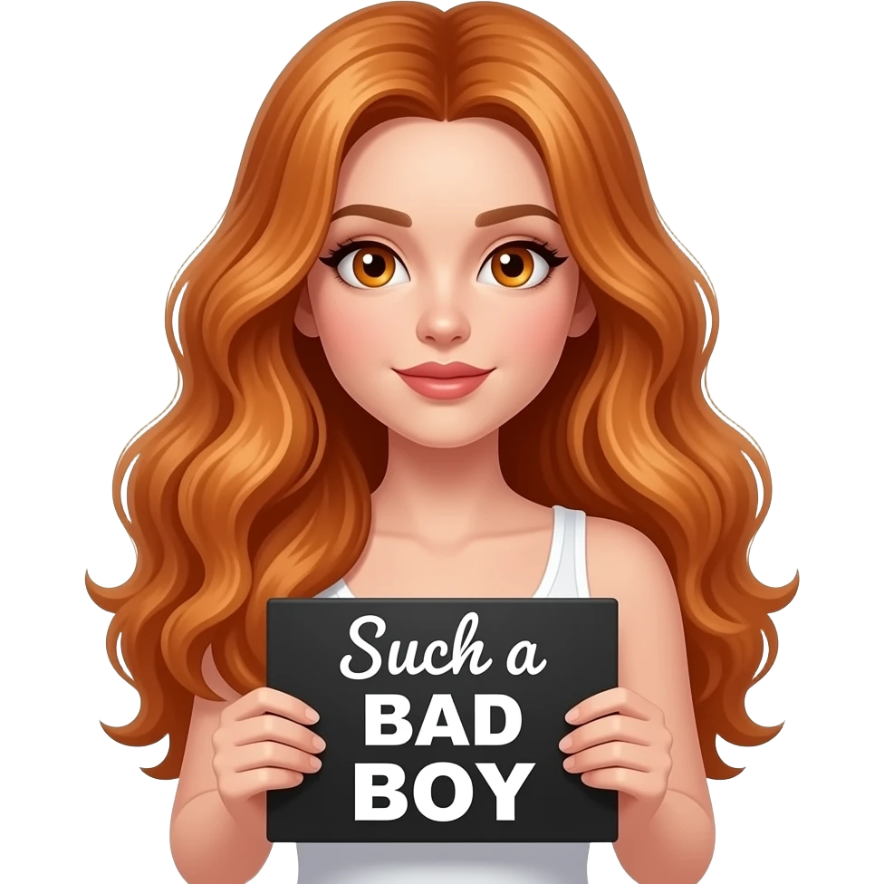 sexy girl with long wavy ginger hair and ginger eyes wearing a white tanktop is holding a black colored sign with Such a BAD BOY written on it emoji