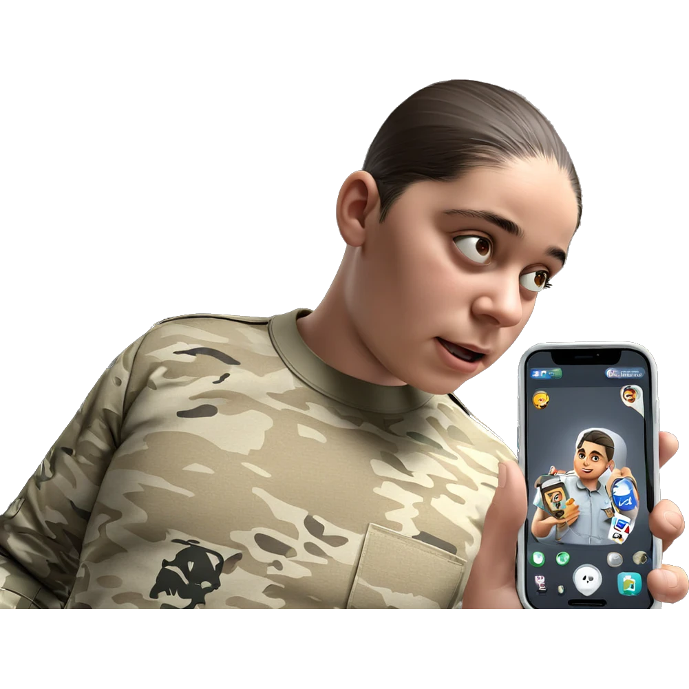 military boy with cellphone emoji