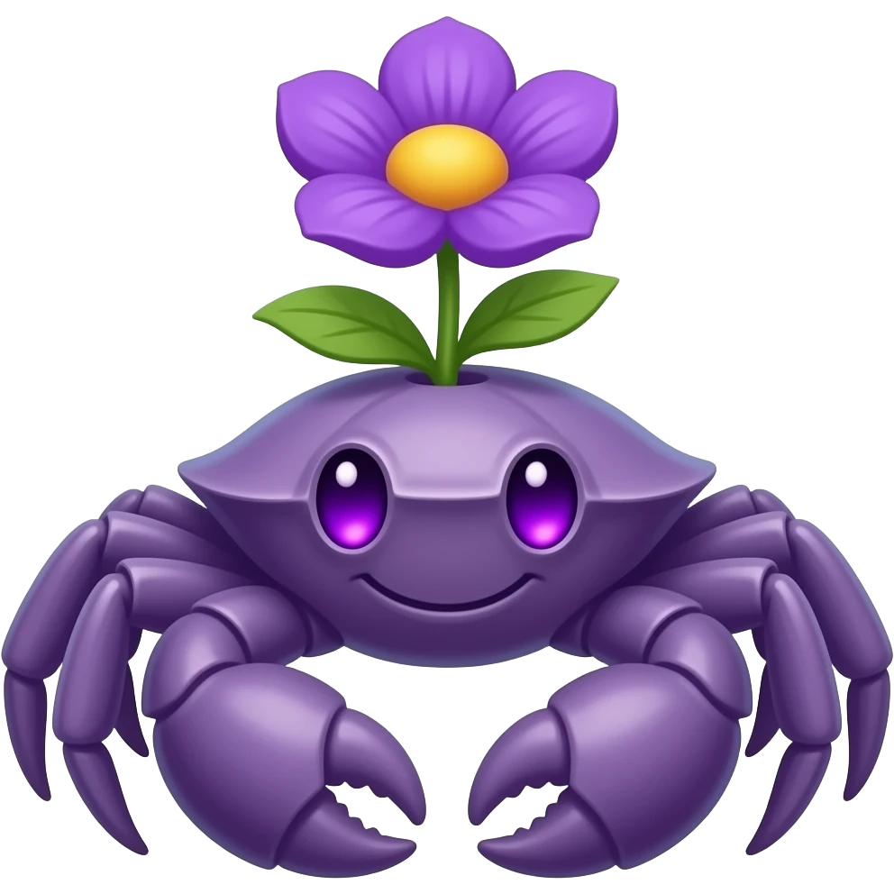 A purple crab with a purple  flower growing on its back on its back purplen eyes glowing eyes facing forward emoji