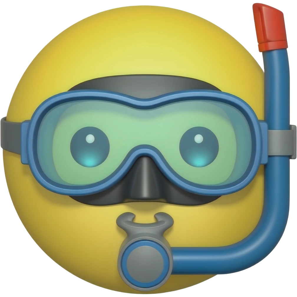 Irregular yellow circle face emoji but it has scuba goggles and snorkeling gear on its face only the face emoji