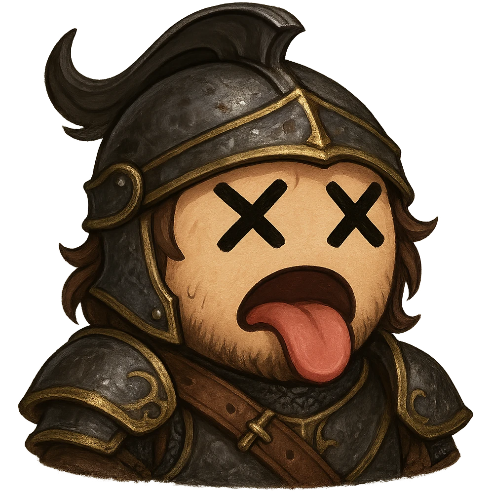 Black Desert Online inspired emoji of a dead character, stylized to match the game's fantasy MMO aesthetic, with expressive features and a humorous touch emoji