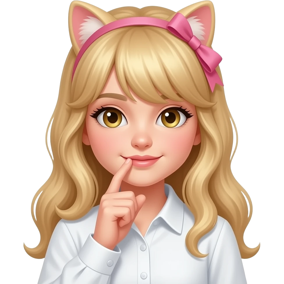 una chica con el pelo rubio y largo la camizeta de color blanco y un laso rosa el el pelo y que se muerda el dedo como katteyes emoji