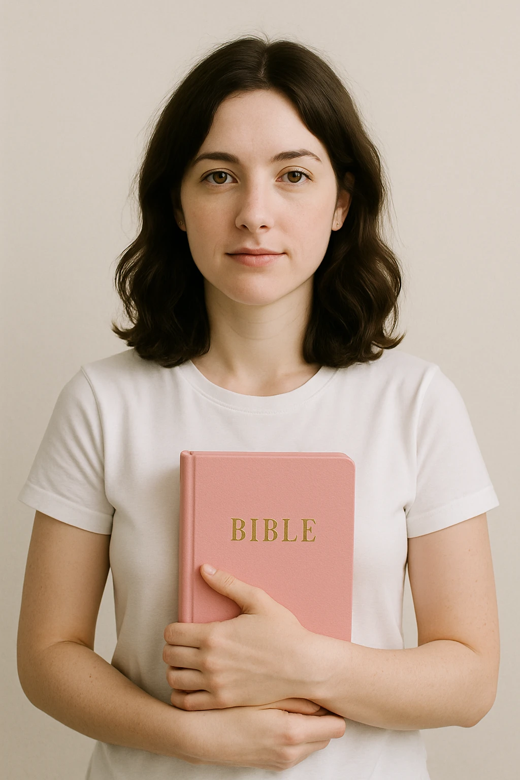 A pale brunette woman with shoulder-length wavy brunette hair, wearing a white t-shirt, holding a pink Bible, simple background emoji