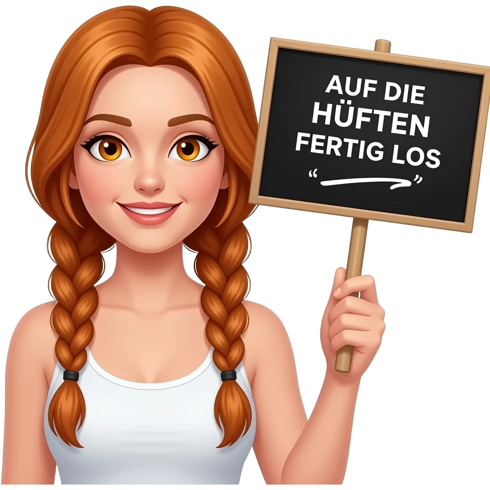 sexy girl with long ginger braids and ginger eyes wearing a white tanktop is holding a black sign with AUF DIE HÜFTEN FERTIG LOS written on it emoji
