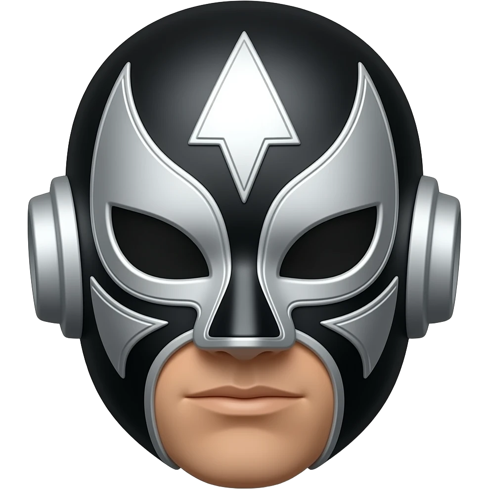 Mascara de luchador negro con plateado con diselo como si fuera un androide un Ciborg que sea simétrico y los diseños redondos a los costados literal como las partes androides de un ciborg pero en mascara de luchador emoji